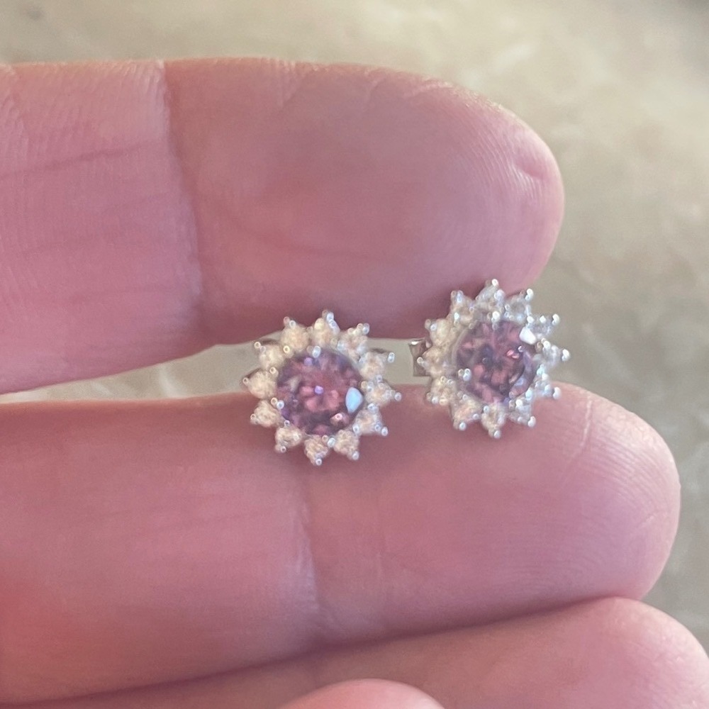 Moissanite Earrings Halo amethyst hue Sunburst Stud Earrings Sterling Silver - Picture 6 of 8
